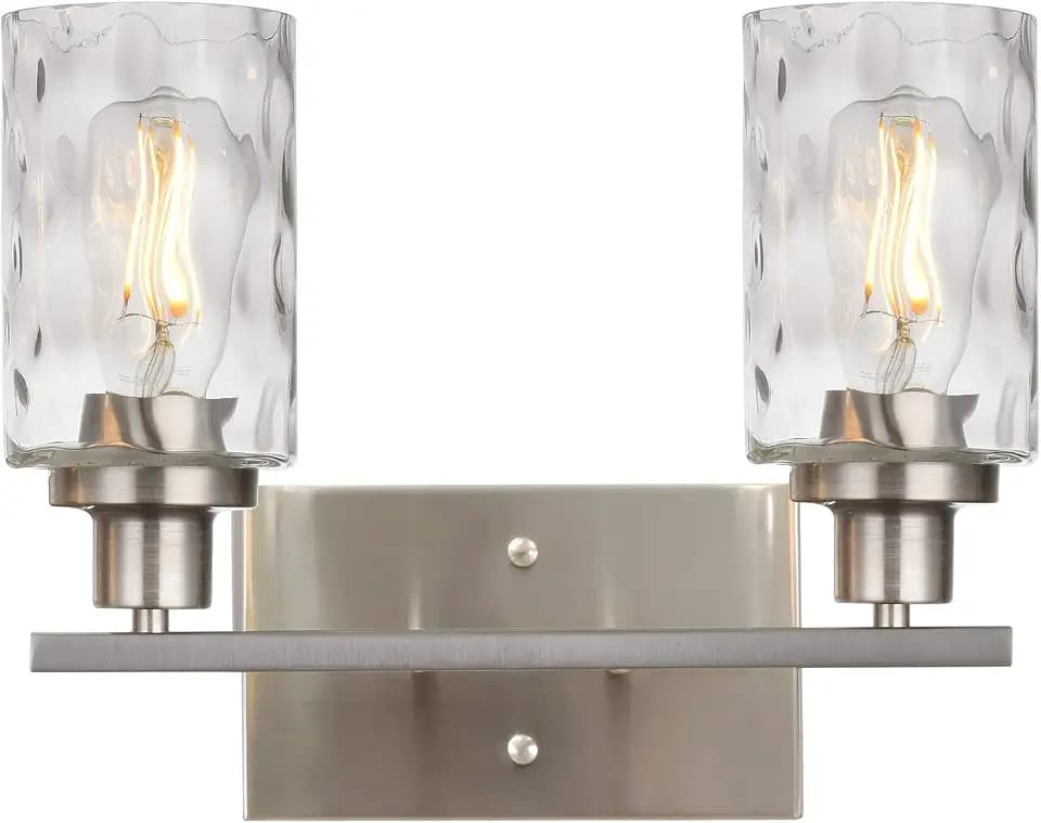 2-Light Bathroom Vanity Light Fixtures,Brushed Nickel Bathroom Lighting Fixtures,Modern Wall Sconces with Hammered Glass Shade, Wall Lights for Living Room Porch Hallway Bedroom