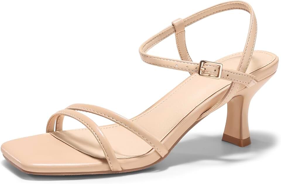 Coutgo Womens Strappy Low Kitten Heels Square Open Toe Sandals Ankle Strap Comfortable Summer Dressy Shoes