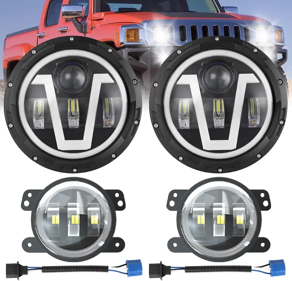 7 Inch Headlight+4 Inch Fog Light,Amber Turn Signal White DRL Hi/Lo Beam Compatible with 2006-2010 Hummer H2 H3 H3T,DOT Approved H6024 Headlights Plug & Play with H4 to H13 Adapter,4PCS