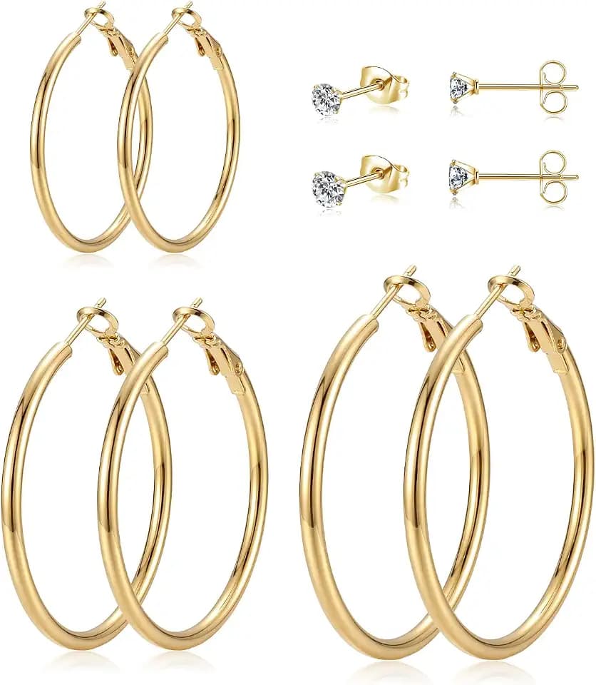 5 Pairs Silver Gold Stud Hoop Earrings for Women, Hypoallergenic 14K Gold Plated Trendy Stud Hoop Earrings Set for Sensitive Ears, Lightweight Big Hoops Earring Stacks for Multiple Piercing Jewelry Gift