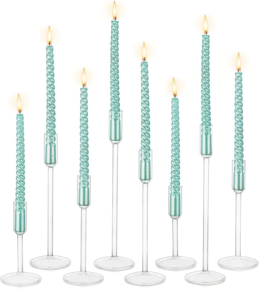 Hewory 8er Set Klar Kerzenständer Glas Stabkerzenhalter für Tischdeko | H. 15/20/25/30 cm, Verbreiterter Sockel, Schlicht & Elegant, Kerzenhalter Stabkerze für Deko Hochzeit Party Weihnachten