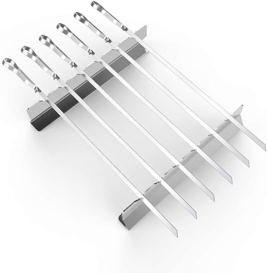 Schaschlikspieße Edelstahl, 43cm Lange Wiederverwendbare Flache Schaschlik Grillspieße, Grillzubehör Set für Grillen Im Freien, 6 Stück Mit 2 halterung Ständern und Aufbewahrungstasche