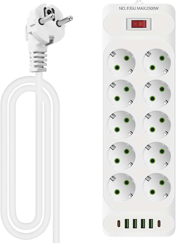 10 Fach Steckerleiste: Steckdosenleiste mit 4 USB Ladeanschlüsse + 2 Type-C, Verteilersteckdose Wandmontage, Steckerleiste mit Schalter, 10 Fach Power Strip mit 2M Kabel für Büro, Hause und Reisen