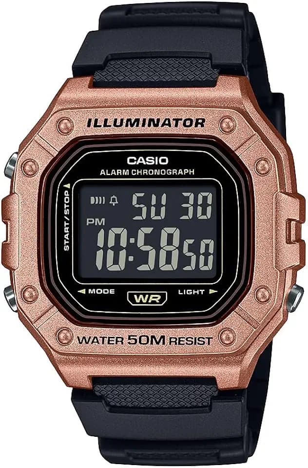 Casio W-218HM-5BV Series | Men’s Digital Watch | Black/Gold | 50M WR | Resin Case | LED Backlight | Auto Calendar | 1/100 SEC Stopwatch | Daily Alarm | 12/24 Hour Format | 7 Year Battery