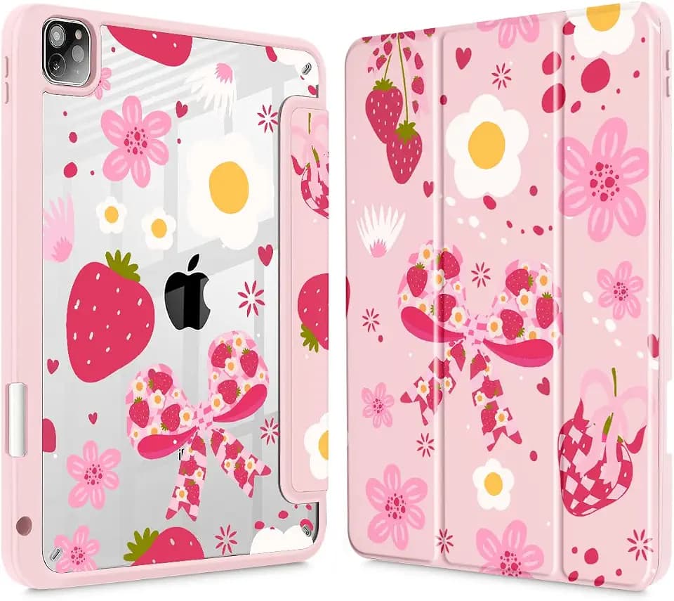Case for iPad Pro 11 inch (4th, 3rd, 2nd & 1st Gen) 2022 2021 2020 2018, Buit in Pencil Holder with Shockproof Cover Clear Shell + Auto Wake/Sleep,Strawberry Bow
