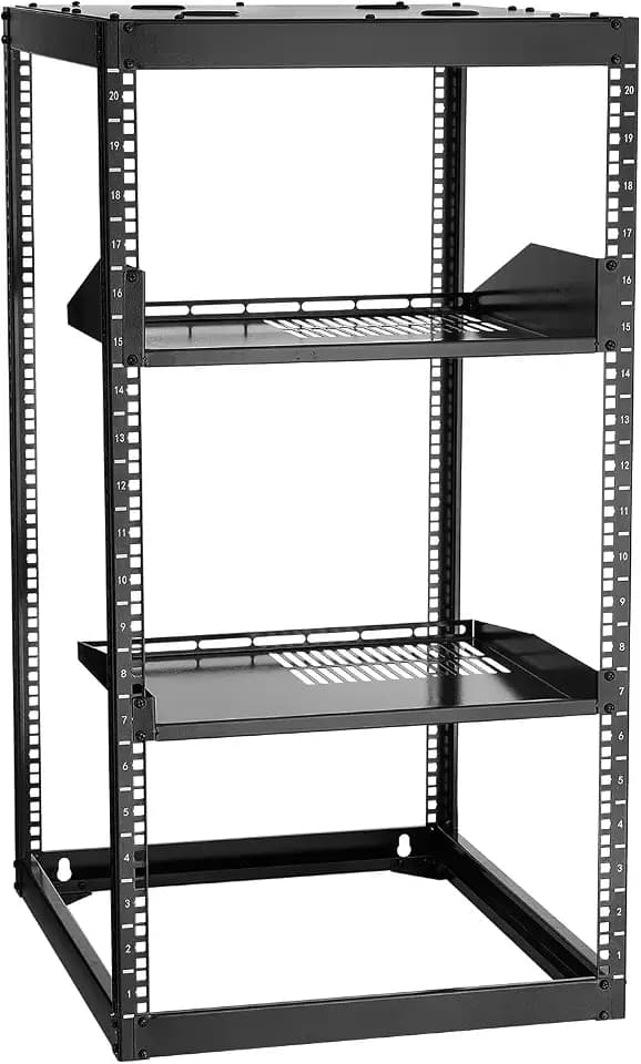 VEVOR 20U Open Frame Network Rack, 23 in Depth, Wall Mounted or Floor Standing Server Rack, Heavy Duty 4 Post, with Vented Shelves & Mounting Hardware, Holds All Your Networking IT Equipment AV Gear