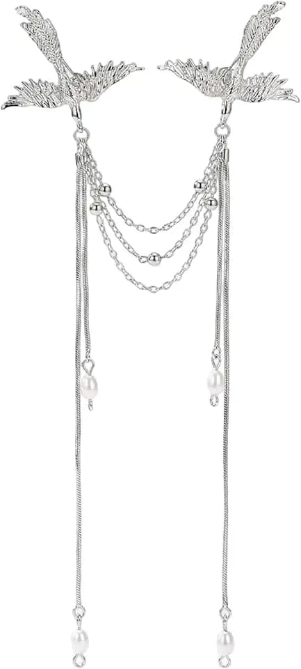 Silver Tone Bird Brooch Pin with Tassel Chain – Vintage Double Bird Brooch Lapel Pin, Collar Chain for Women, Elegant Phoenix Swallow Badge Suit Accessories for Shirt, Cardigan, Scarf & Coat