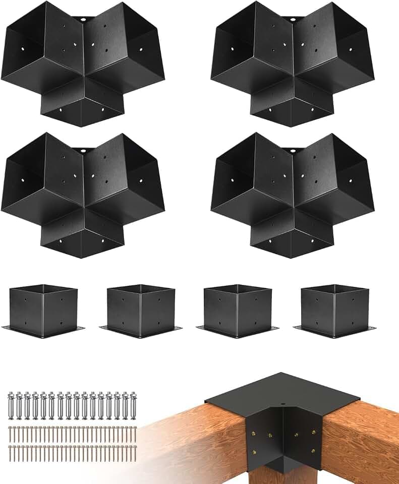 VEVOR Pfostenverbinder, Pfostennecke für 142 x 142 mm Pfosten, inkl. 4 Stk.3-Wege-Hochleistungs-Eckhalterung & 4 Stk. Pfostenträger, Pergola-Halterung-Set für Pavillons, Terrassenpergolen