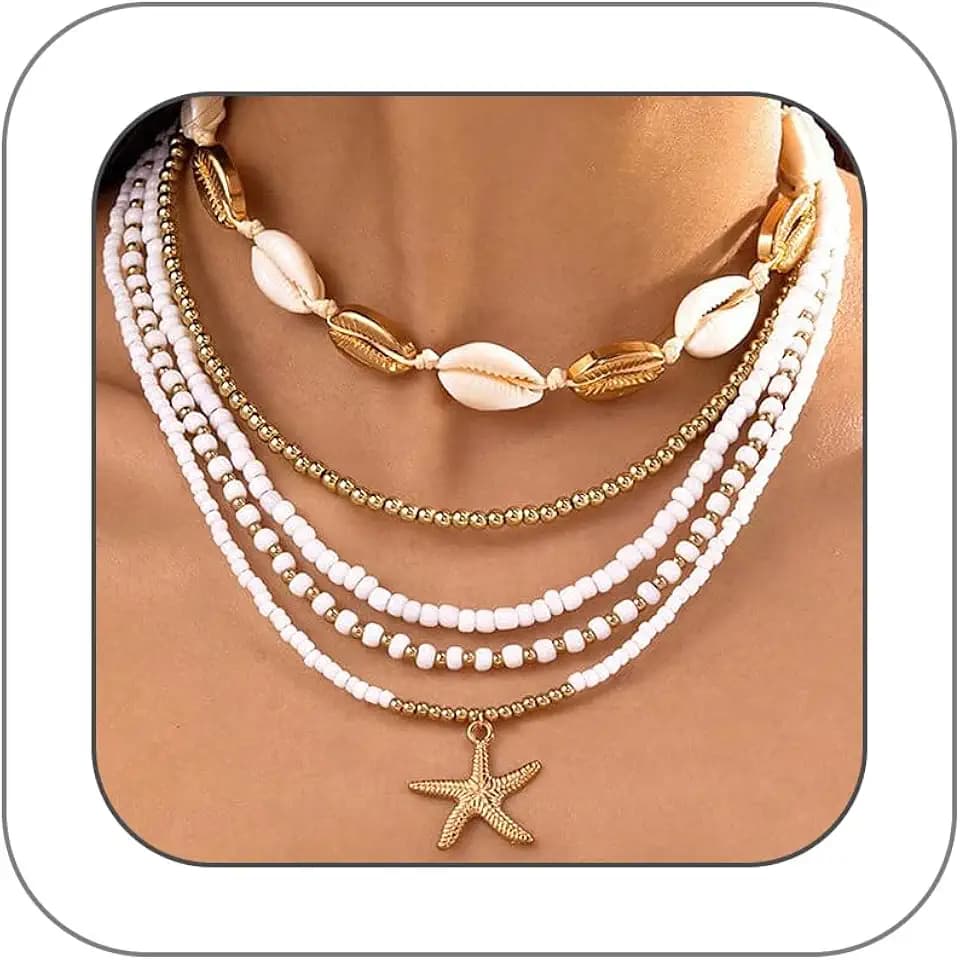 GIGB PBDK Layered Boho Shell Beaded Necklaces for Women Bohemia Adjustable Beach Surfer Starfish Choker Fashion Sandbeach Heishi Necklace Ocean Vacation Jewelry