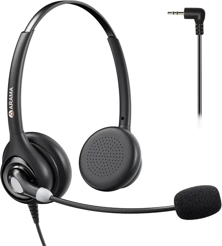 Arama Cordless Phone Headset with Microphone, 2.5mm Jack Telephone Headset for Office Landline, Noise-Cancelling Mic & Volume Control, Wired Headphones Compatible with Panasonic AT&T Vtech Uniden