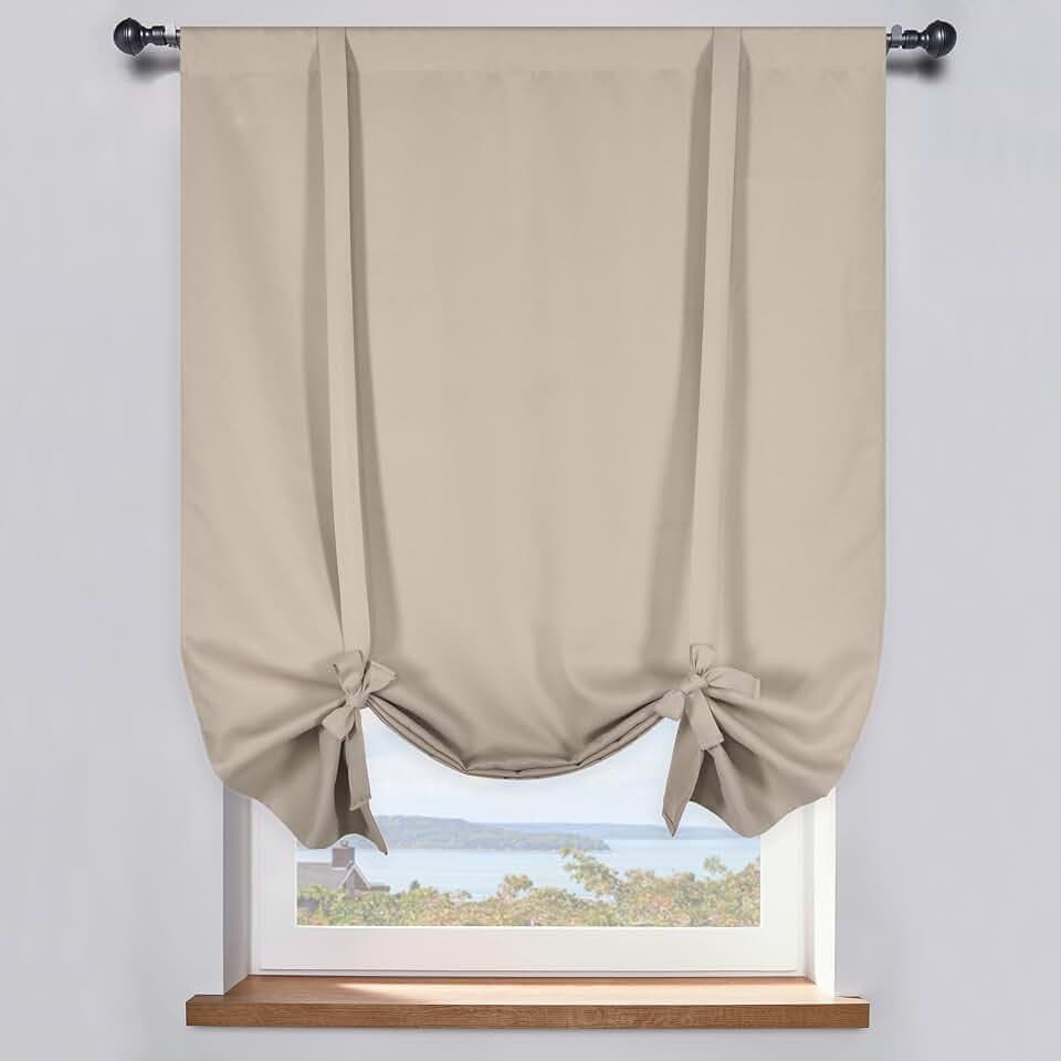 DONREN Kitchen Curtains Roman Shades - Taupe Blackout Tie Up Vertical Curtain Balloon Shades for Bathroom/Door Window (1 Piece,34 inches W by 54 inches L)