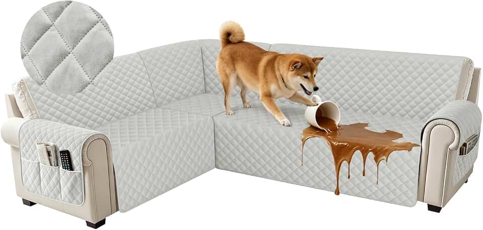 U Shaped Sectional Couch Covers for L Shaped Corner Sofa Waterproof 6 Piece Washable Sectional Sofa Cover Non Slip Velvet Couch Slipcover Protector for Dogs Pets (X-Large, Light Gray)