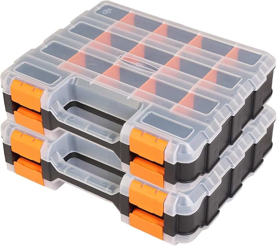 Jack Boss Tool Box with Transparent Lid, Double Side 34-Compartments Organizer Box with Removable Dividers for Hardware, Screws, Bolts, Nails, Beads, Jewelry and Fishing Accessories, Orange, 2 Pack