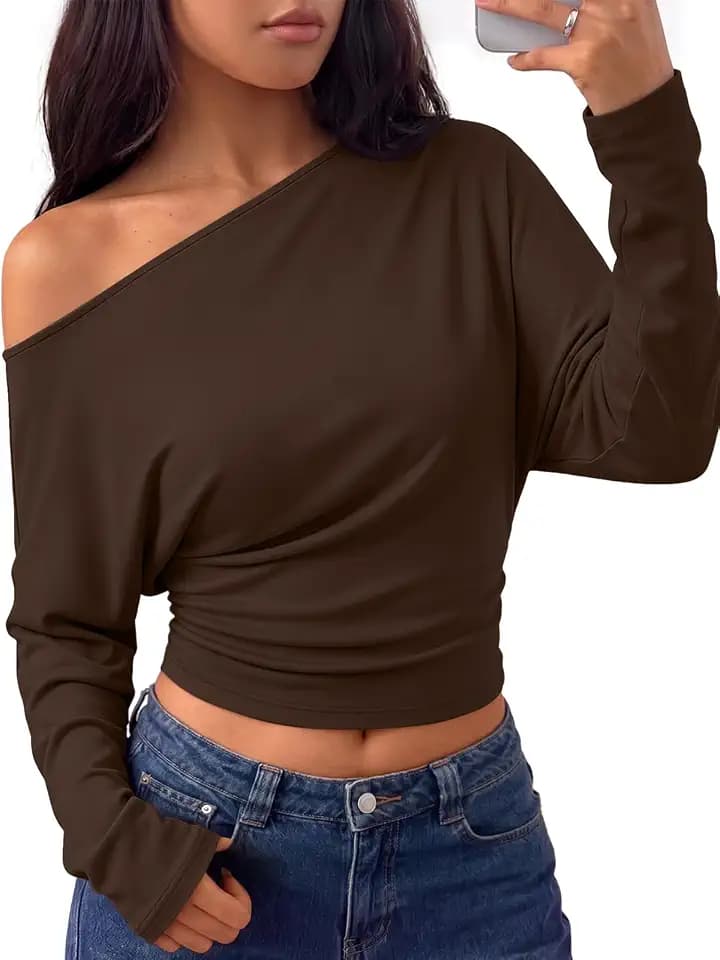 Trendy Queen Off the Shoulder Tops for Women Cinched Waist Shirts 2026 Fall