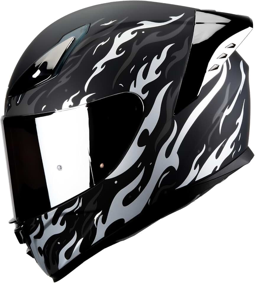 HAX Onix Full Face Motorcycle Helmets DOT Approved, Pinlock Ready & Intercom Slot , Motorbike Powersports Street Racing for Men Women（Flame Matte Blk-SLV, M)
