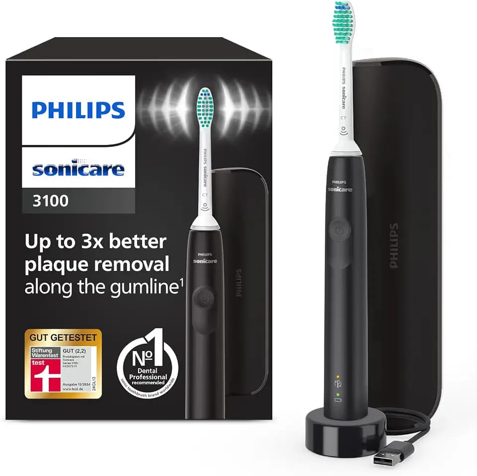 Philips Sonicare 3100 elektrische Zahnbürste, Schallzahnbürste, Andruckkontrolle und Timer, Reiseetui, Schwarz, HX3673/14