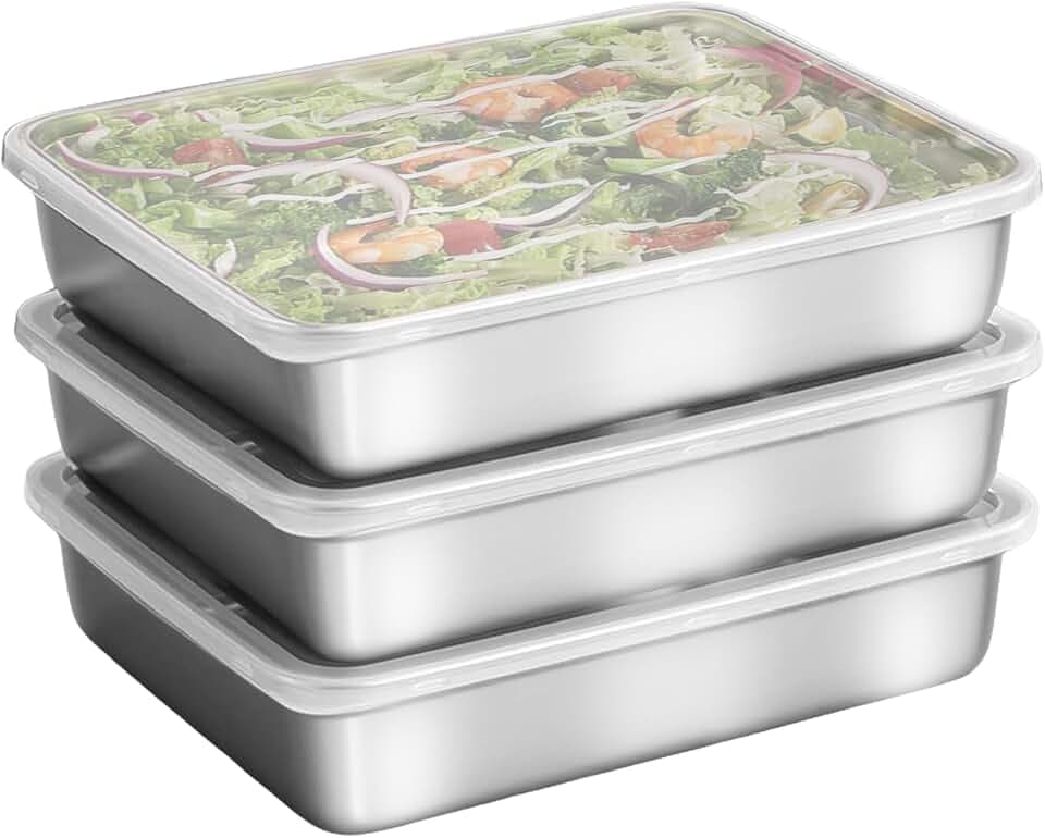 3 Stück 25x20x5cm Panier-Set aus Edelstahl: Metall Panierstraße Rechteckig, Schale zum Panieren, GN-Behälter, Rostfreier Gastronormbehälter Edelstahl, mit Deckel Panier-Set für Speisen
