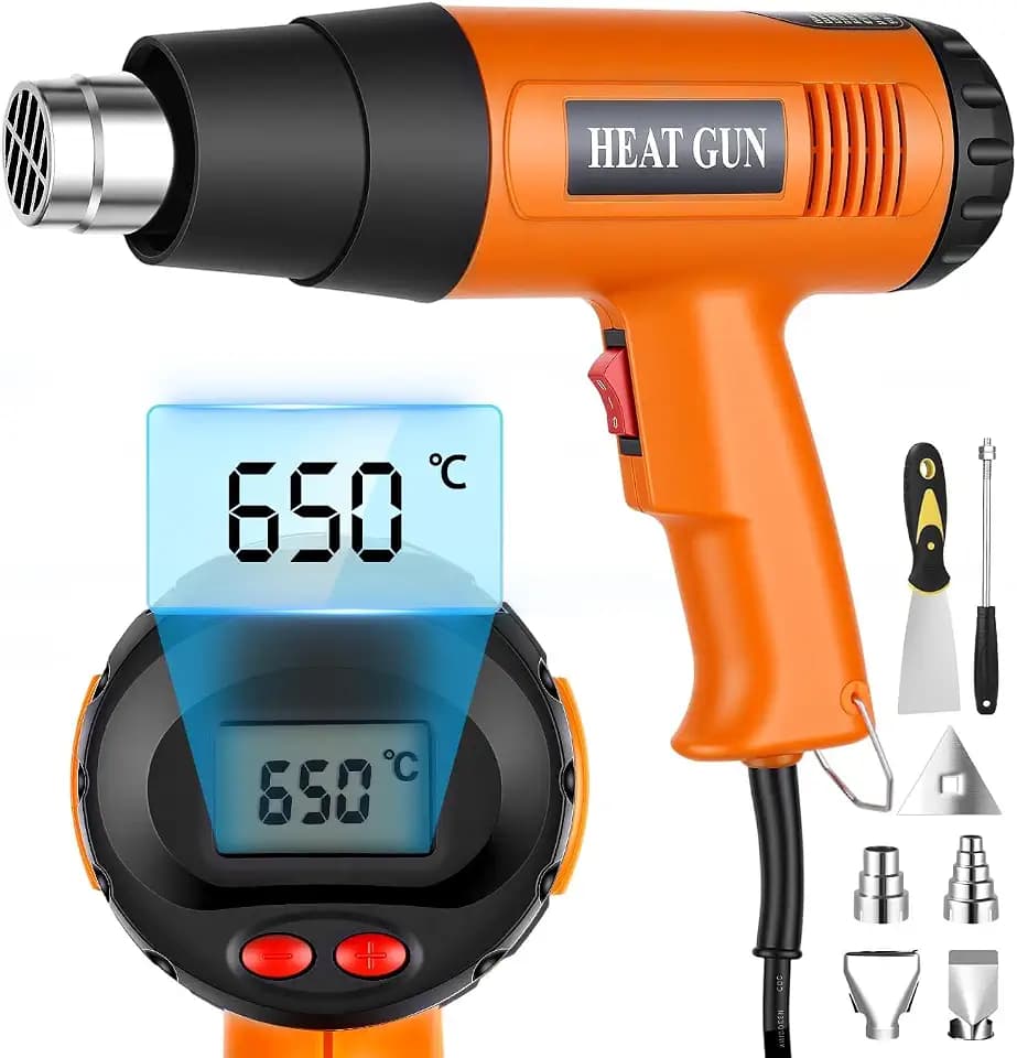 Heißluftpistole 2000W Temperaturstufen 50℃- 650℃, 2 Einstellbare Heißluftfön mit LCD-Digitalanzeige, Überlastschutz, Heißluftgebläse zum Entlacken, Löten und Schrumpfen mit 6 Zubehör
