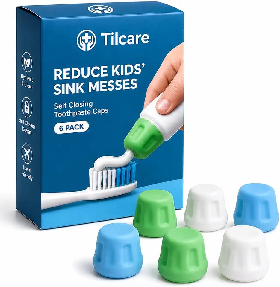 Self Closing Toothpaste Caps 6-Pack by Tilcare - No Waste Cap Dispensers for Adult and Kids Bathroom - Mess-Free Toothpaste Lids - Easy to Use, Food Grade Silicone and BPA-Free Toppers