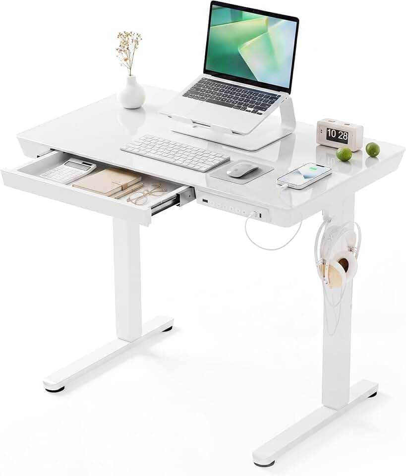 YDN Glass Standing Desk with Drawers, 32 Inch, White