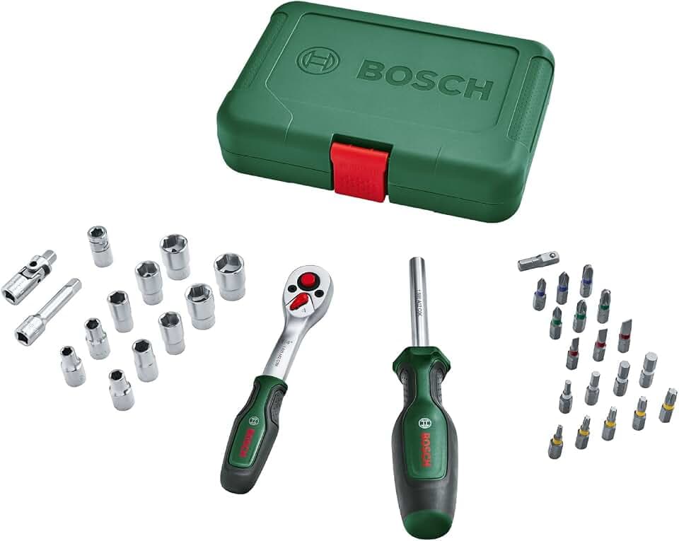 Bosch Ratschen / ¼"Steckschlüsselsatz-Set, 34-teilig (hochwertiger und vielseitiger Steckschlüsselsatz für zahlreiche Heimwerkeraufgaben; ergonomischer Griff mit Softgrip; magnetische Bit-Aufnahme)