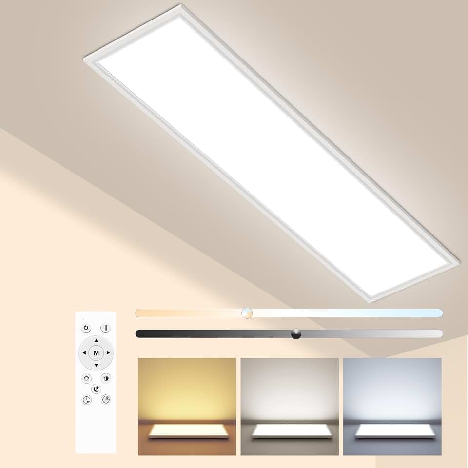 Peasur LED Deckenleuchte Flach 120x30cm 4100LM, Deckenlampe Dimmbar mit Fernbedienung 3000K-6500K, IP44 Küche Deckenleuchte Rechteckig LED Panel für Wohnzimmer Schlafzimmer Badezimmer Keller Büro