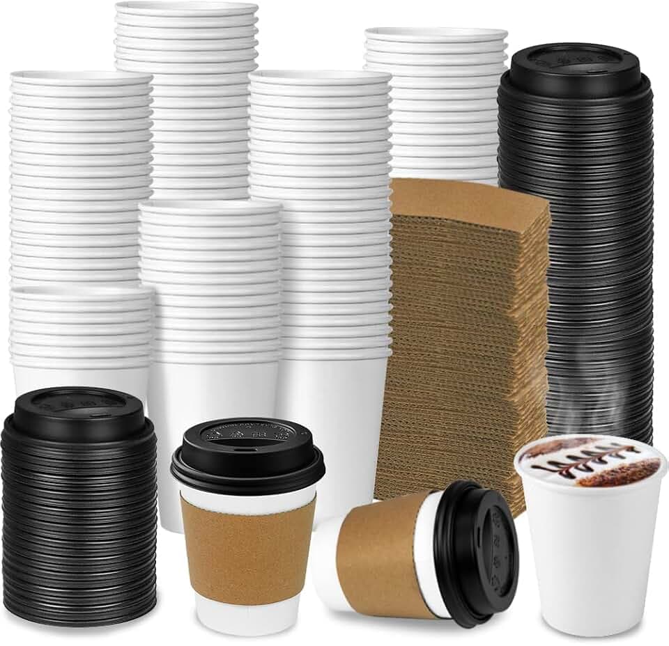 Ginkgo 100-Pack 8 oz Thickened Coffee Cups with Lids and Sleeves