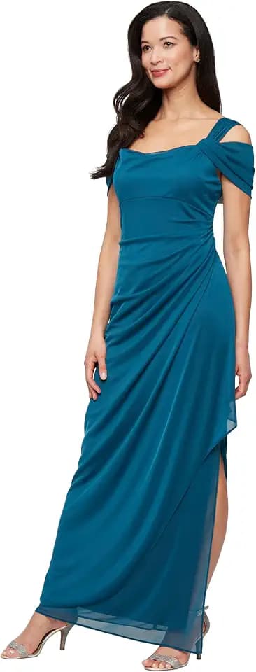 Alex Evenings Women's Long Cold Shoulder Dress, Mother of The Bride, Formal Events (Petite and Regular Sizes)