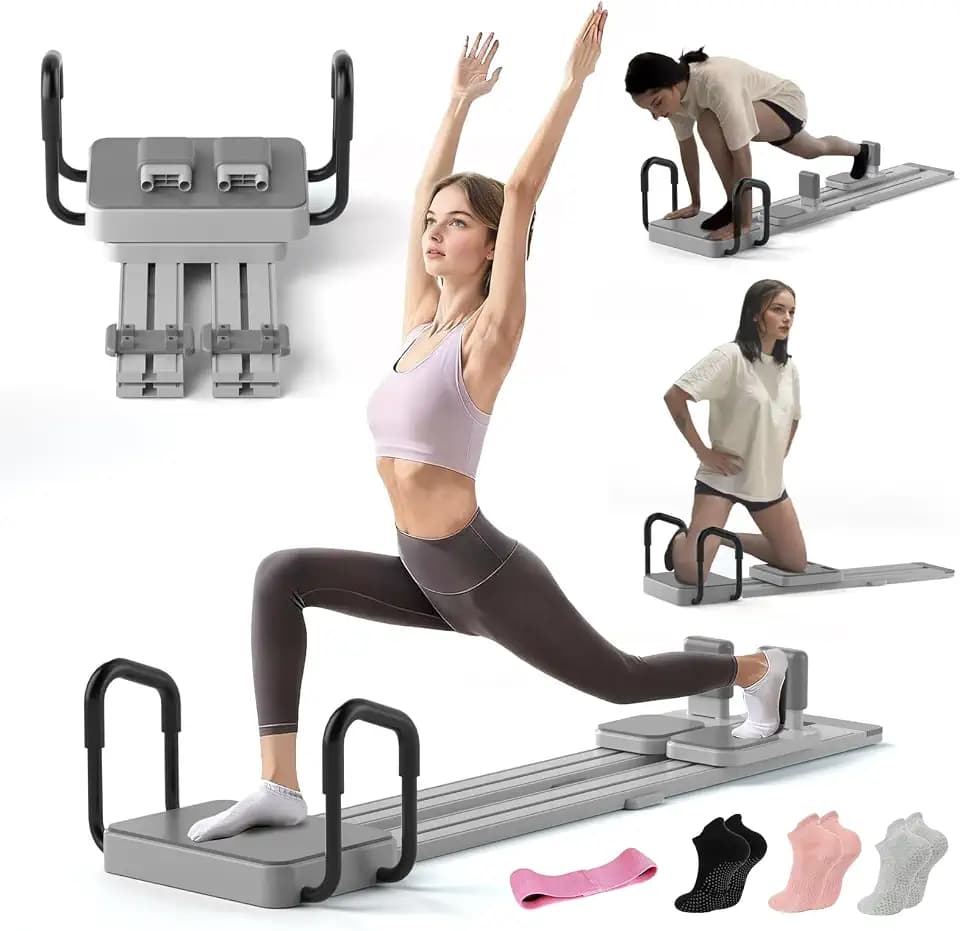 Pilates Reformer Board with 66.9'' Extended Track, Portable Pilates Reformer Machine with 3 Pairs Yoga Sock, Quick Assembly, Pilates Ski Machine for Home Workout (Gray)