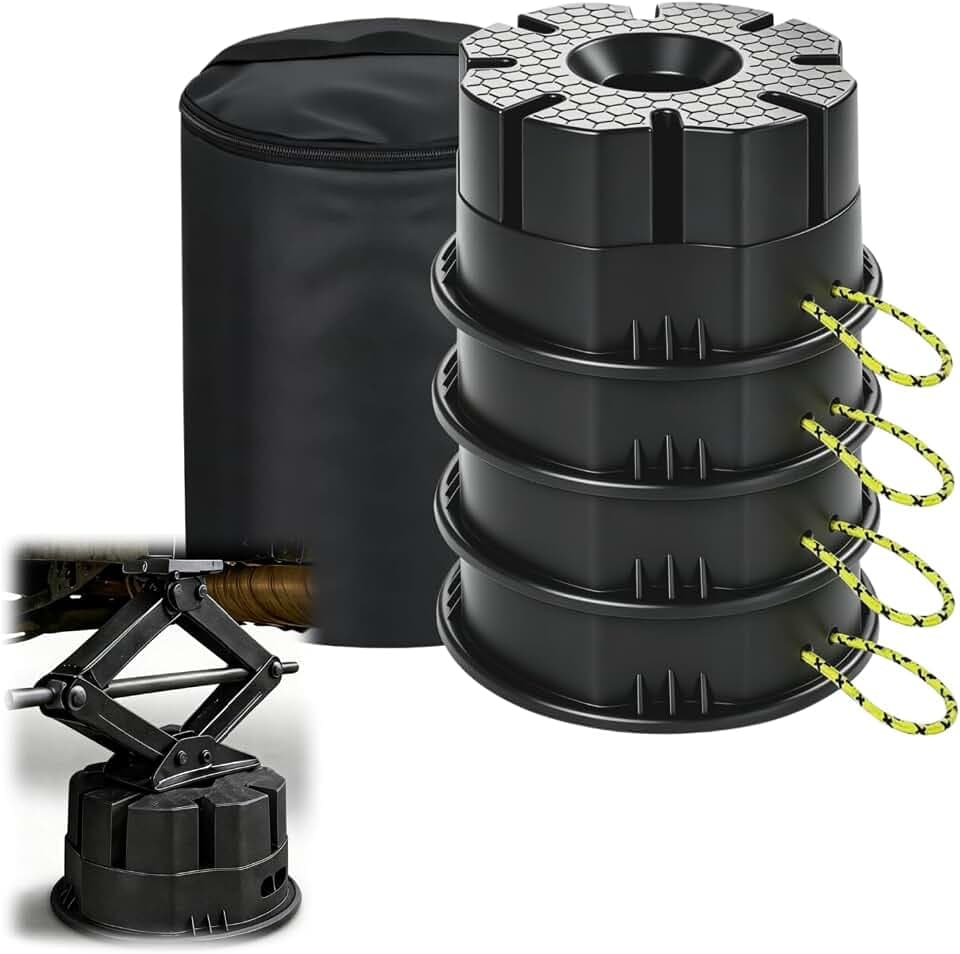 RV Trailer Jack Block with Bag with Storage Bag, RV Leveling Blocks for Travel Trailer, Heavy Duty RV Leveling Block with 40000lbs Capacity Universal for Tongue Jack Post Foot 5th Wheels Black 4 Pack