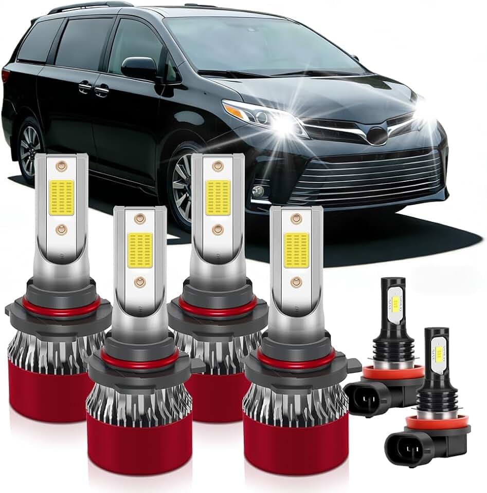 Super-bright Light Bulbs Fit for 2011-2020 Toyota Sienna 9005 High Beam 9006 Low Beam H11 Fog Light with Cooling Fan 15000 RPM Plug and Play Pack of 6