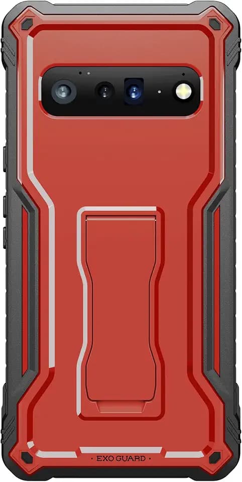 ExoGuard for Google Pixel 6 Pro Case, Rubber Shockproof Heavy Duty Phone Case Built-in Kickstand, No Screen Protector (Red)