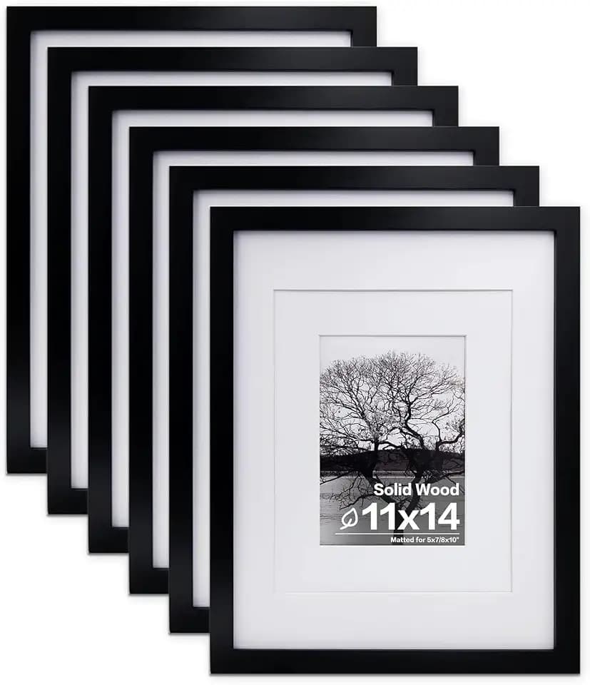 Egofine 11x14 Picture Frames Made of Solid Wood 6 PCS Black Covered by Plexiglass - for Table Top and Wall Mounting for Pictures 8x10 or 5x7 with Mat Horizontally or Vertically Display Photo Frame