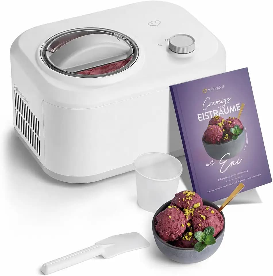 Springlane Eismaschine Eni 1L mit selbstkühlendem Kompressor 100W – Eiscremebereiter mit entnehmbarem Eisbehälter, inkl Rezeptheft – Speiseeis, Sorbet & Frozen Joghurt