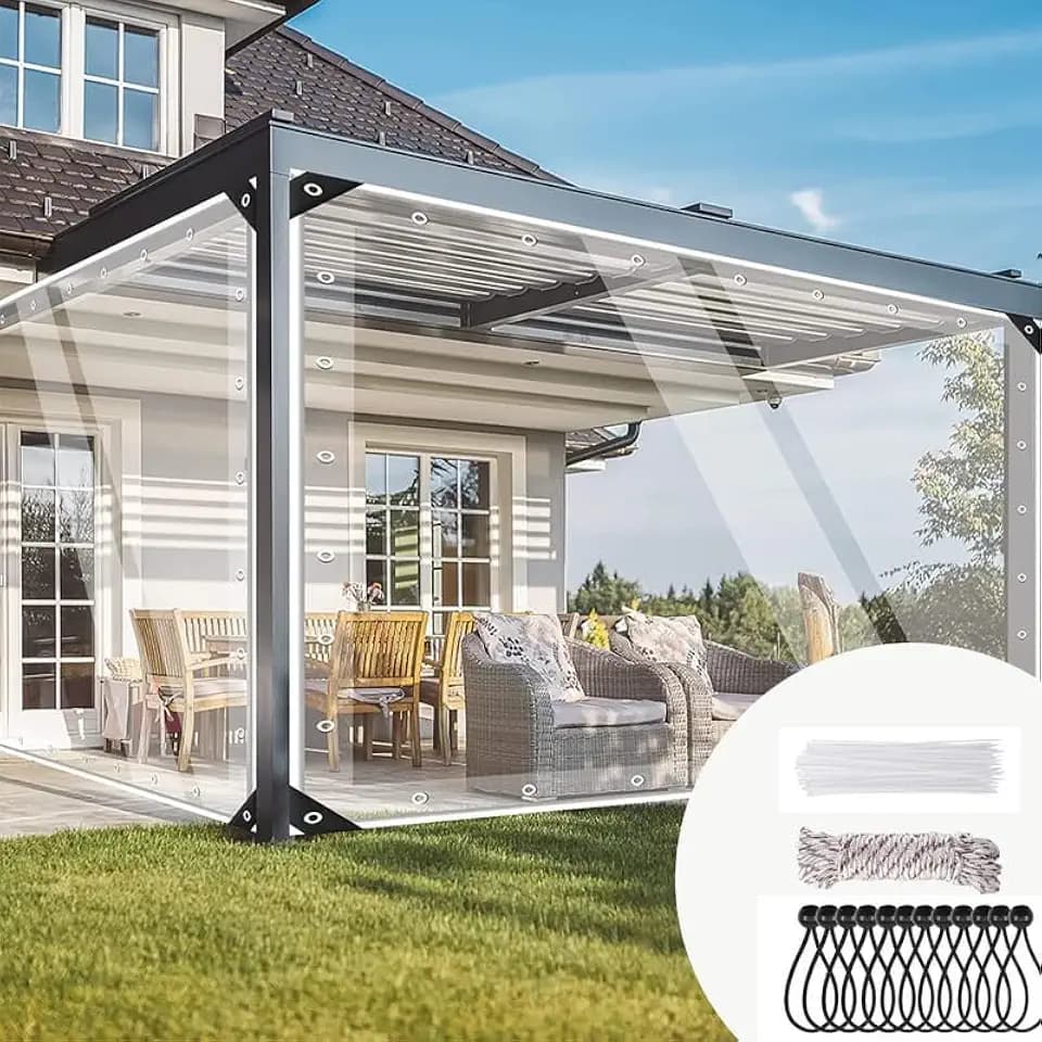 Jianyana Plane transparent mit ösen, 420g/m² PVC abdeckplane wasserdicht wetterschutzplane transparent planen nach maß mit 20 Kabelbindern, 12 schwarzen Ballseilen, 10m Befestigungsseil（2×5m）