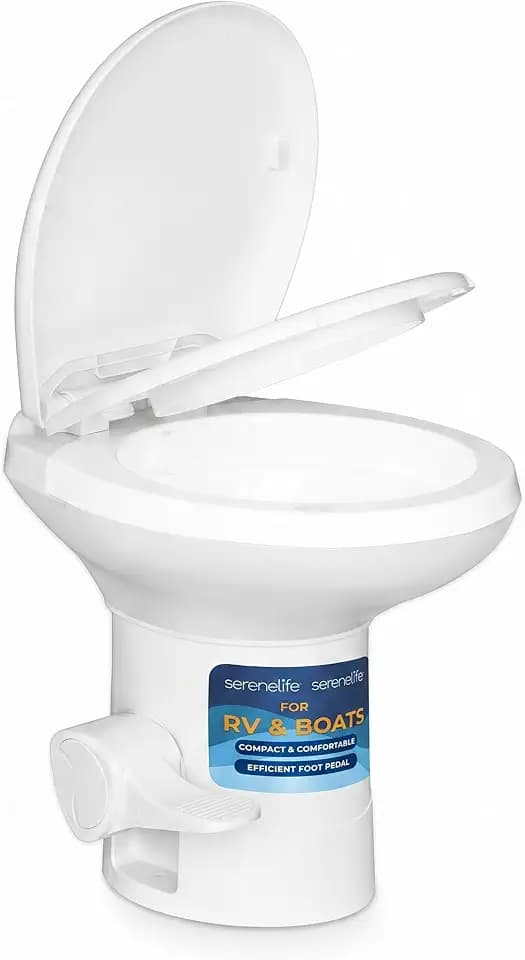 SereneLife RV Toilet with Sprayer, 19" High, Gravity Flush Foot Pedal