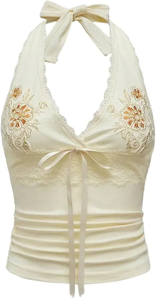 OYOANGLE Women's Y2k Halter Tops Floral Embroidery Going Out Top