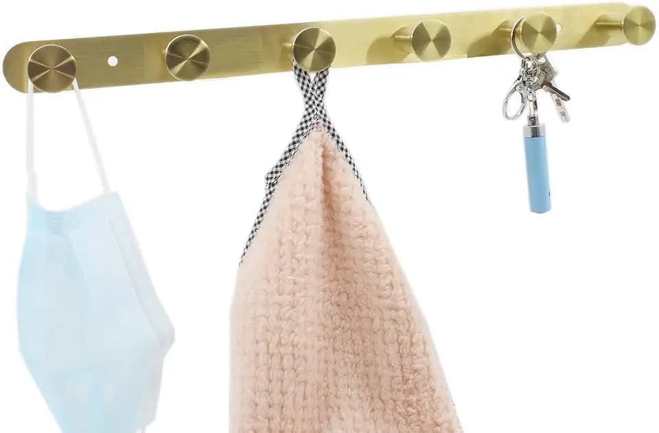 Wall Mounted Coat Hanger, Stainless Steel Hooks, Heavy Duty Entryway Hanging Coat Rack, Multi-Purpose Hook Rack Rail with 6 Hooks for Bedroom Bathroom Hallway Garage Garden Office (Gold)