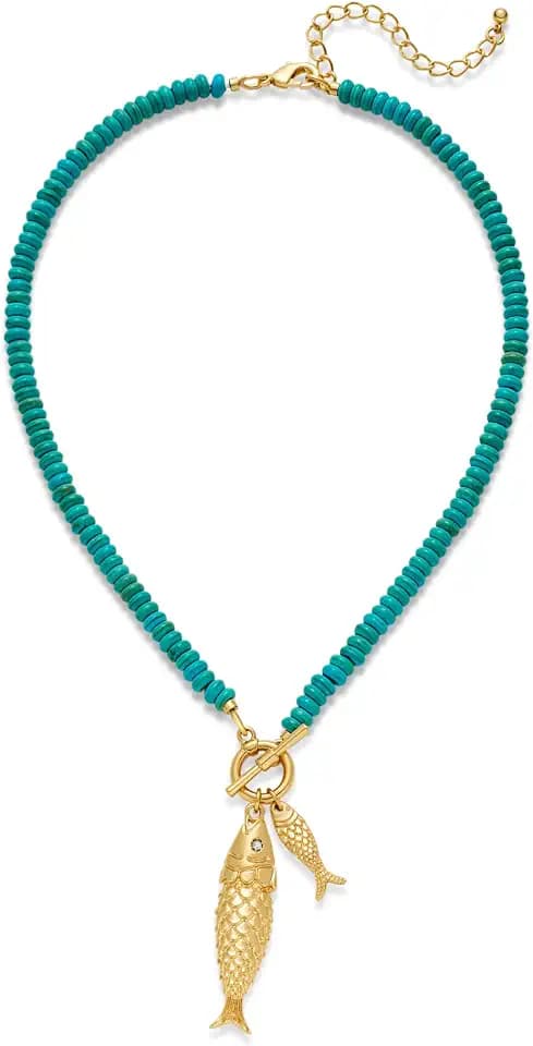 CLASSYZINT Gold Fish Necklace Blue Bead Necklace Boho Ocean Necklace Summer Jewelry for Women