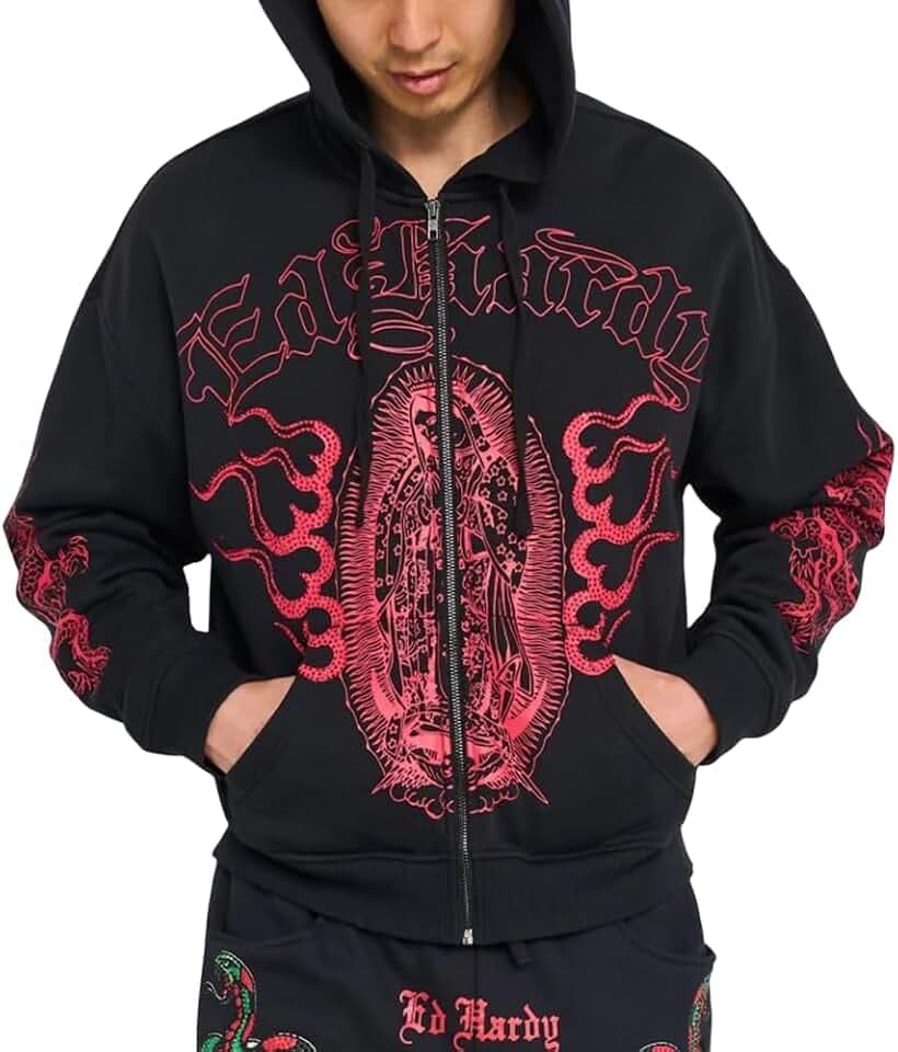 ED HARDY Men's Boxy Zip-Up Fleece Hoodie Sweatshirt
