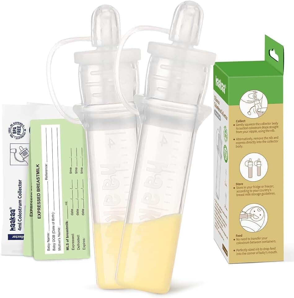haakaa Silikon Kolostrum Sammler & Milchauffänger Set, BPA-frei, Wiederverwendbar, Mit Baumwoll-Reinigungstuch, Etikettenaufklebern und Aufbewahrungsbox, 4 ml/2 Stück