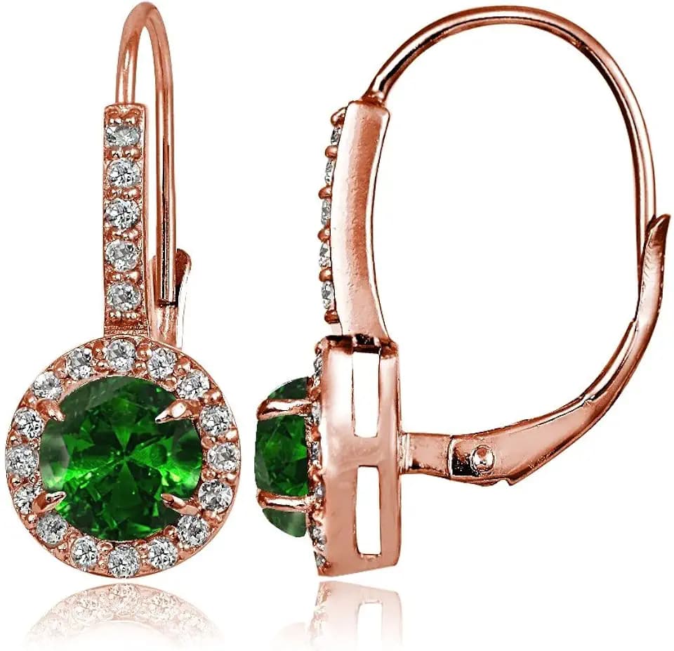 Rose Gold Flashed Sterling Silver Genuine, Created or Simulated Gemstone and Cubic Zirconia Accents Round Leverback Earrings