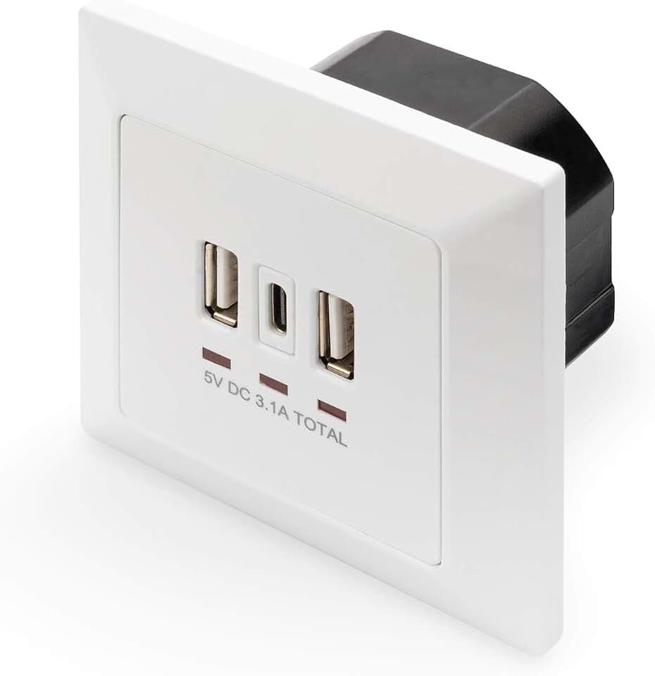 DIGITUS Unterputz USB-C Ladegerät – 2x Typ-A bis 2.8A / 1x USB-C bis 2.8A | Einbautiefe 38 mm – Bedingt Designfähig – Reinweiß RAL 9003