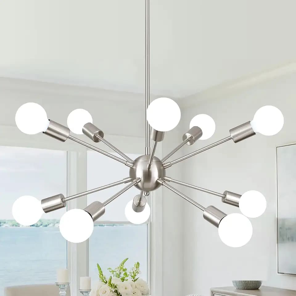 Mid Century Modern Sputnik Chandeliers,10 Lights Sputnik Ceiling Light Fixture Modern Brushed Nickel Chandeliers for Dining Room Silver Chandelier Light Fixture for Kitchen Living Room Bedroom