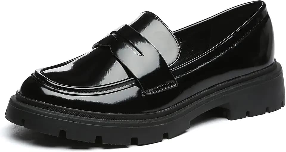 Women's Chunky Platform Loafers with Buckle Patent Leather Black Penny Loafers Fashion Office Work Business School Dressy Casual Shoes Comfortable Slip-on