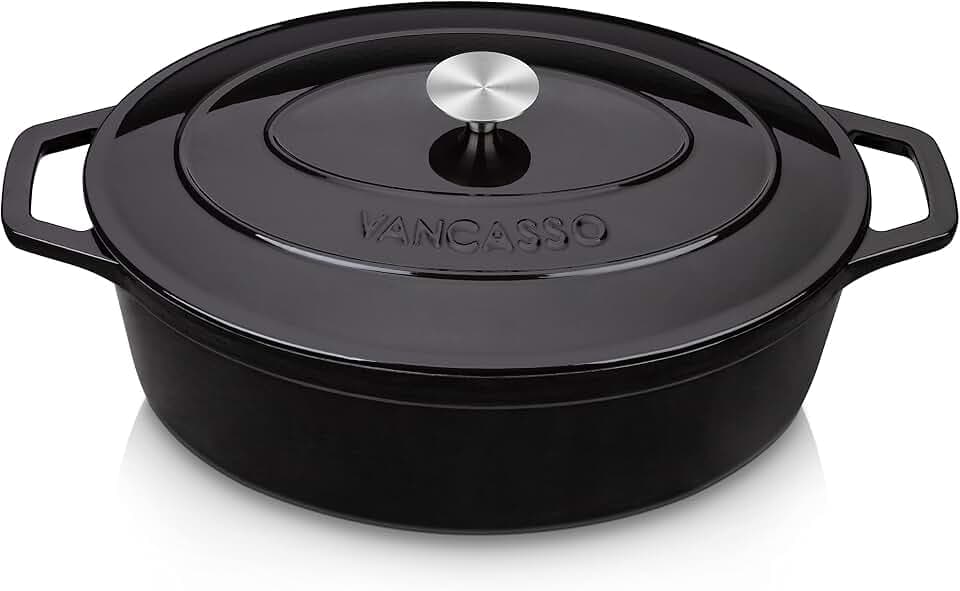 vancasso 9.3 Qt Oval Enameled Cast Iron Dutch Oven with Lid, Black
