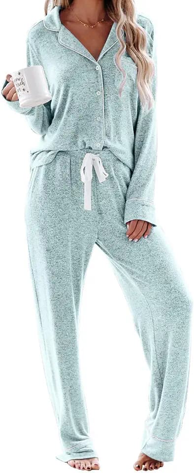 Aamikast Schlafanzug Damen Lang Pyjama Sets mit Knopfleiste Zweiteiliger Nachtwäsche Hausanzug