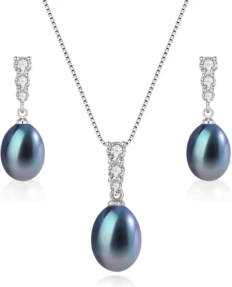 9-10mm Cultured Pearl Necklace and Earrings 925 Sterling Silver