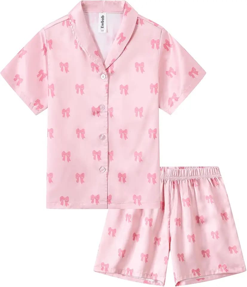 Mädchen-Schlafanzug-Set, Seidensatin, kurzärmelig, Knopfleiste, atmungsaktiv, weich, Nachtwäsche, Kinder Nachtwäsche Alter 5–14 Jahre