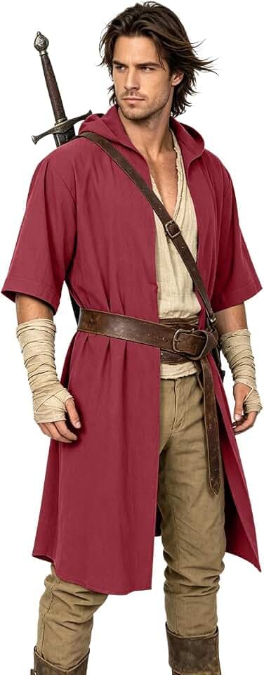 L'VOW Men's Medieval Hooded Surcoat Renaissance Tabard Tunic